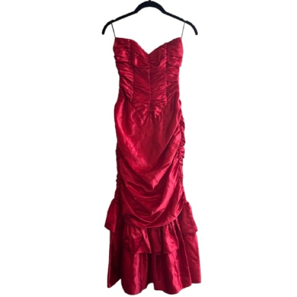 Vintage Gunne Sax Red Bow Back Strapless Ruched Satin Formal Dress Holiday Party